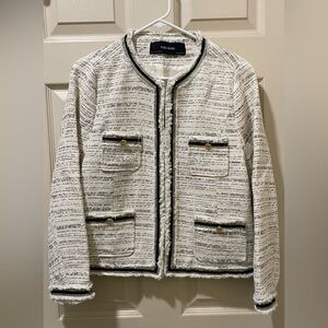 Zara Basic White and Black Textured Tweed Lady Jacket